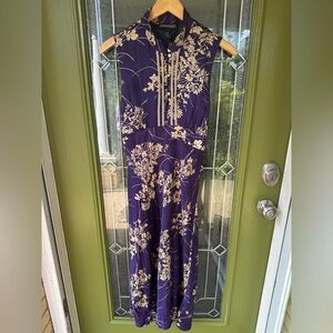 Jonathan Martin 10 Silk Sleeveless Y2K Navy Blue Gold Floral Button Up Dress